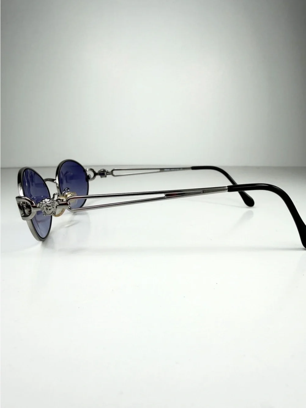 90s Vtg Versace H68 Silver Oval Medusa Sunglasses Custom Purple Lenses Full Set